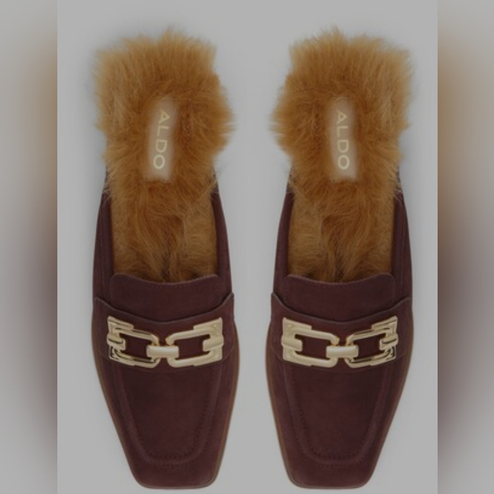 Aldo Pageturner Lined Faux Fur Burgundy Suede Mules Size 5
